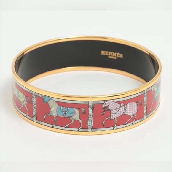 Hermes Jewelry - Hermes Enamel Printed Wide Horse Riding Motif GM Bangle